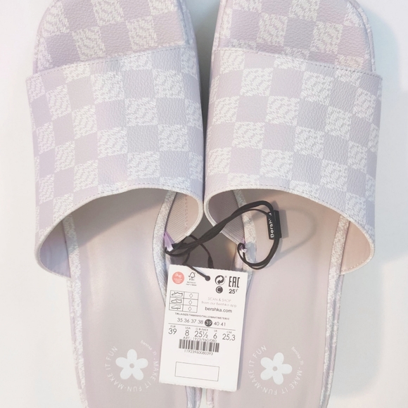 ASOS Bershka Checkerboard Wedge Mule Platform Sandals Slides Shoes Lilac Size 8 - Picture 2 of 7